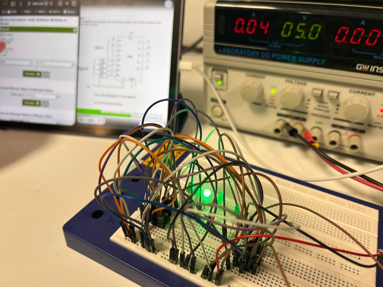 A breadboard circuit wired up on the bench